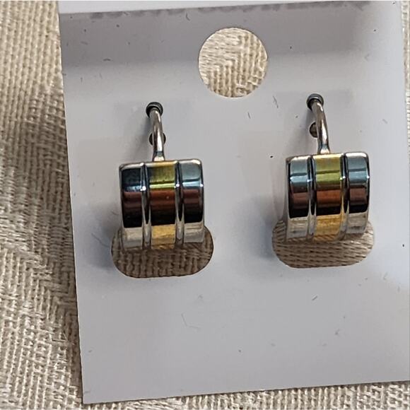 INOX Jewelry Stainless Steel Huggies with Gold IP Alternate Lines - Picture 4 of 5